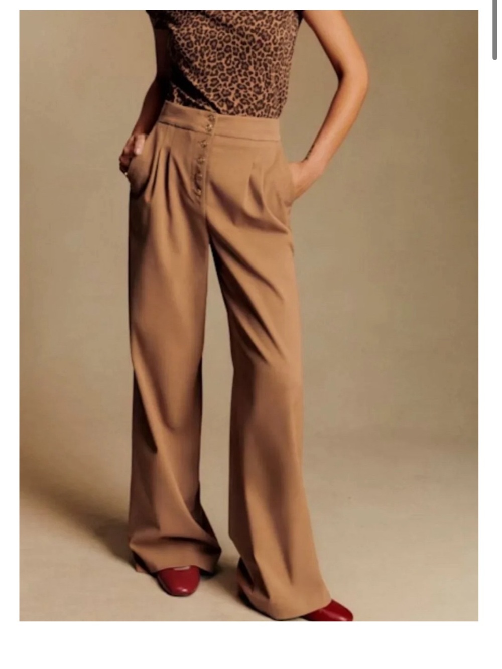 New Sezane Cesar High-Waist Wide-Leg Pleated Button fly Pants in Camel Sz 2